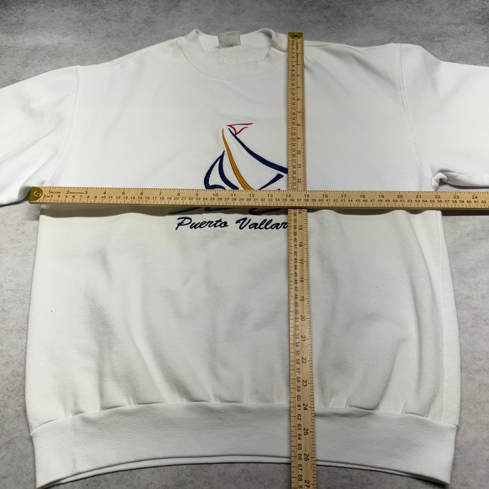 Vintage 90s Puerto Vallarta Sailboat Embroidered Sweatshirt White Large Boat Y2K - Picture 8 of 12